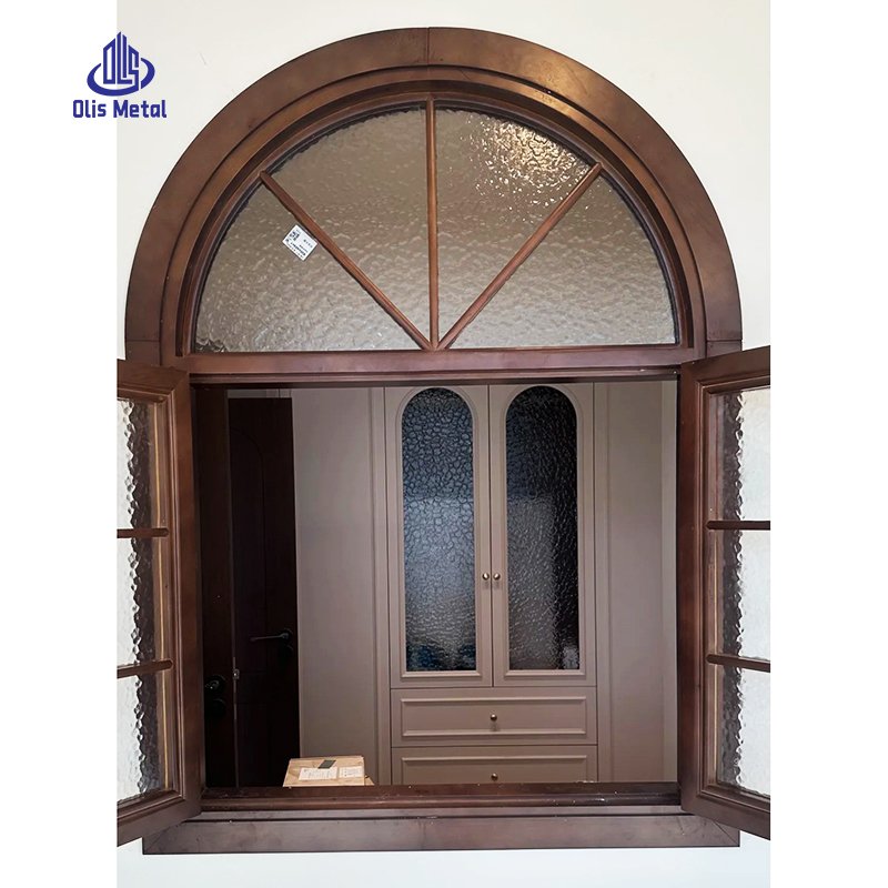 European Residential Wood Grain Durable Aluminum Arched Casement Window Textured Glass - Image 3
