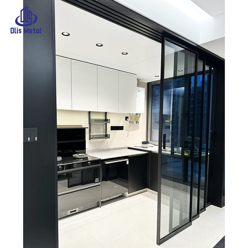 Sophisticated Black Narrow Frame Sliding Glass Door for Kitchen | Clear Glass View - Image 4