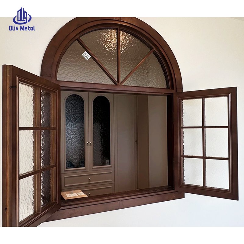 European Residential Wood Grain Durable Aluminum Arched Casement Window Textured Glass - Image 2
