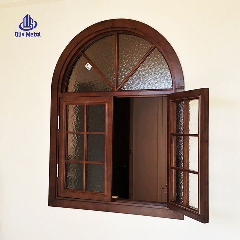 European Residential Wood Grain Durable Aluminum Arched Casement Window Textured Glass