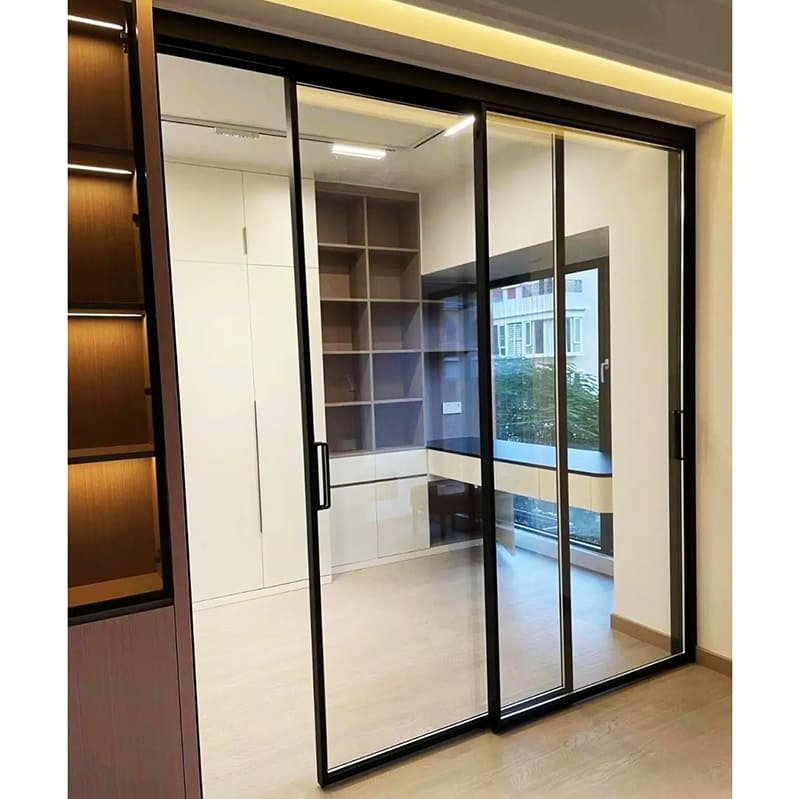 Black Aluminum 2-Panel Double Sliding Interior Glass Door | Modern High-Precision Trackless Doors Direct from Manufacturer