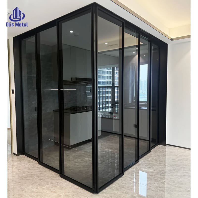 Black Aluminum L-Shaped Kitchen Partition Sliding Door | Premium Corner Glazing for Apartment Renovation Projects