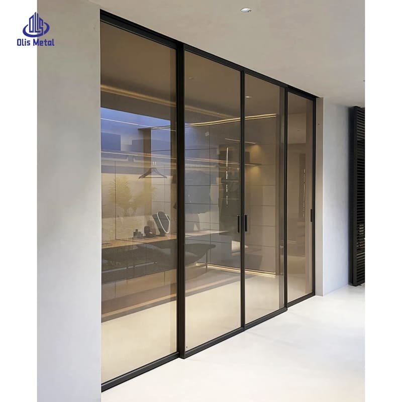 Textured Glass Aluminum Sliding Partition Door | Custom Luxurious Hazy Glow Divider for High-End Villa Projects