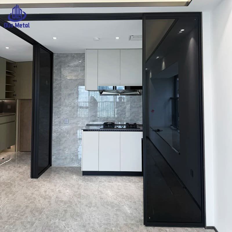 Black Aluminum L-Shaped Kitchen Partition Sliding Door | Premium Corner Glazing for Apartment Renovation Projects - Image 2