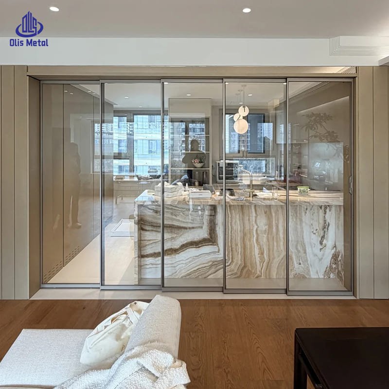 Concealed Aluminum Pocket Sliding Glass Door | Luxurious Flush-Wall Kitchen Divider for High-End Villa Projects