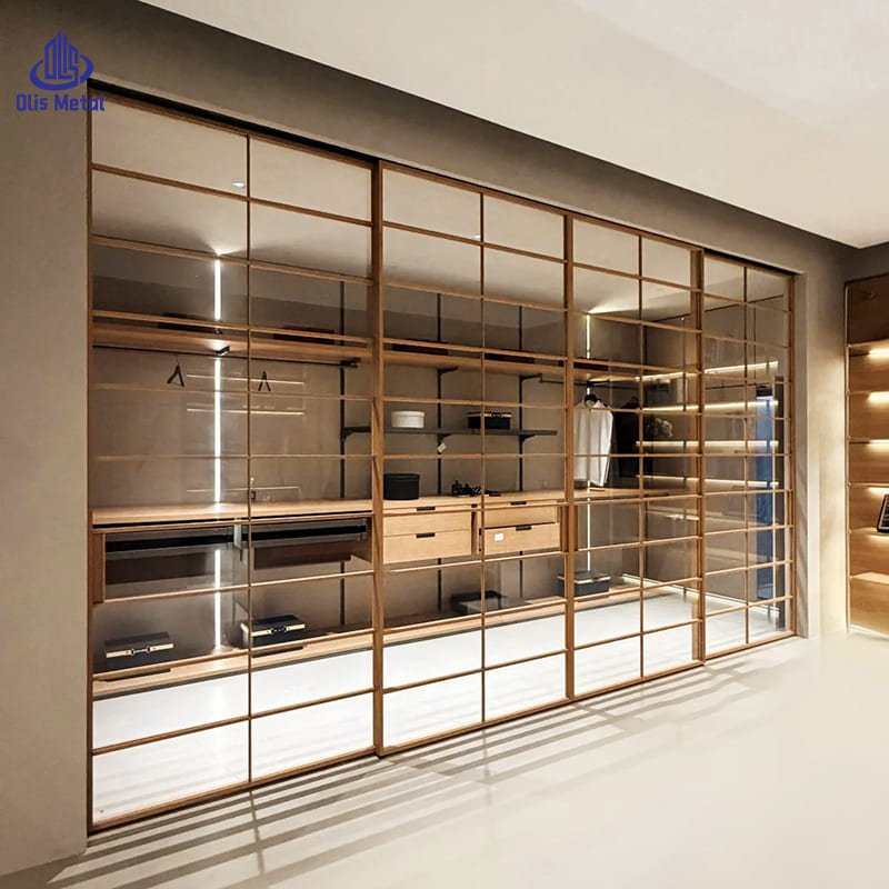 Exquisite Wood Grain Grid Glass Aluminum Sliding Door | Seamless Flexible Space Divider for Kitchen & Bedroom Layouts