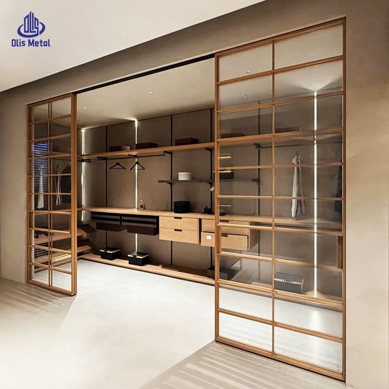 Exquisite Wood Grain Grid Glass Aluminum Sliding Door | Seamless Flexible Space Divider for Kitchen & Bedroom Layouts - Image 3