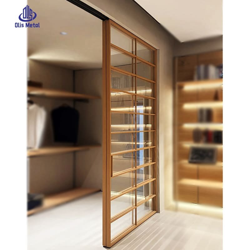 Exquisite Wood Grain Grid Glass Aluminum Sliding Door | Seamless Flexible Space Divider for Kitchen & Bedroom Layouts - Image 2